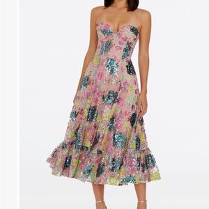 Strapless Pink Sequin Floral Midi Dress
